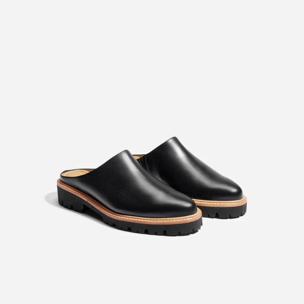 NISOLO WOMEN'S EMILEE LUG SOLE LEATHER WOODEN HEELED CLOG BLACK SZ 6